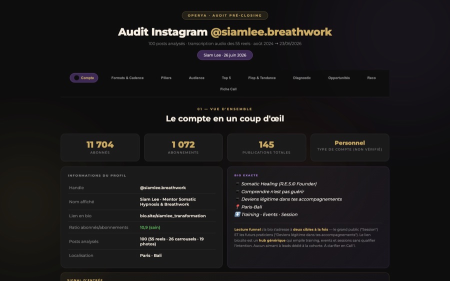 Audit Instagram complet : 100 posts analysés, 55 reels transcrits